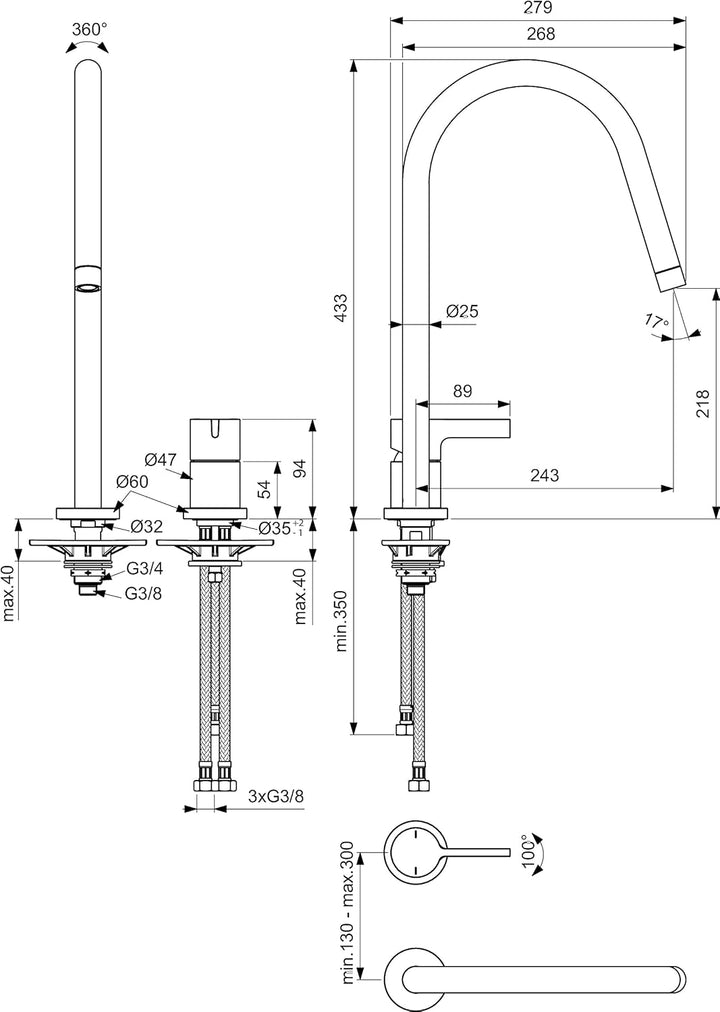 Ideal Standard – Gusto 2-Loch Küchenarmatur, Hoher Auslauf mit zylindrischem Querschnitt, mit FirmaF