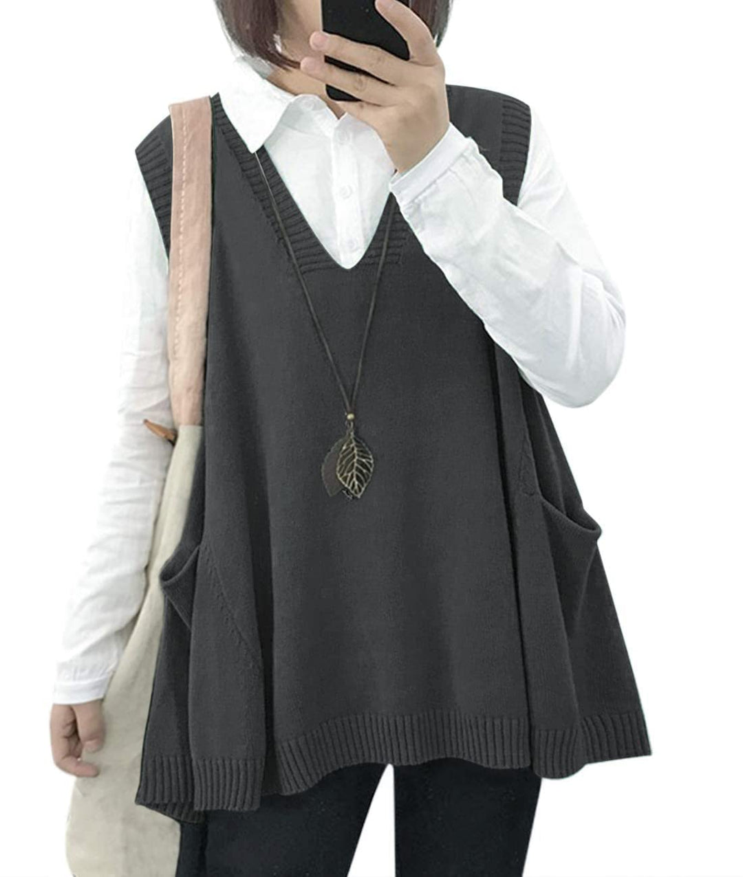 Janein Damen Pullunder ärmellos V Ausschnitt Stricken Weste Oversize Strickweste Beheizbare Tank Top