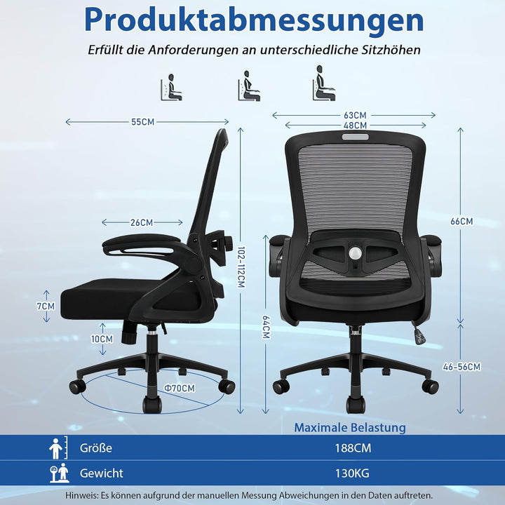 Bürostuhl Ergonomisch, Schreibtischstuhl mit Verstellbarer 4D Lendenwirbelstütze, Drehstuhl mit Klap