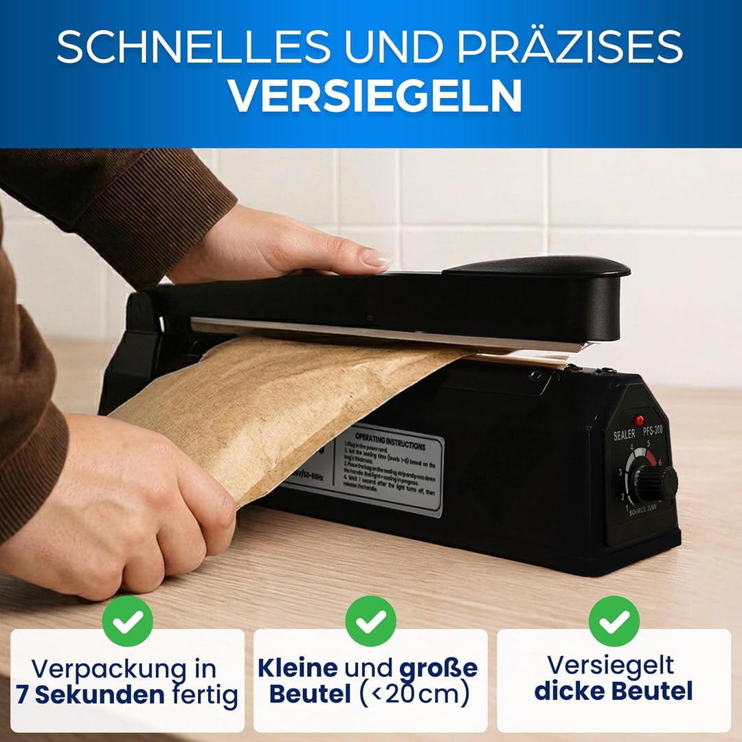 Versiegelungsmaschine 200mm - Profi Thermoversiegelung für Plastiktüten, Aluminium, Kraftpapier - He