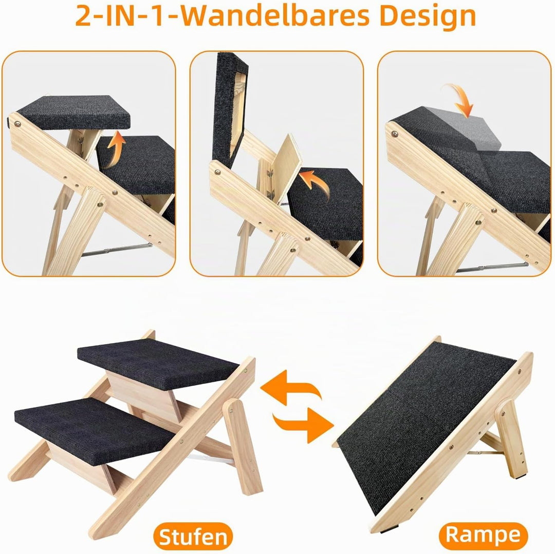 Haustierstufen, 2-in-1 Faltbare Hundetreppe aus Holz für Betten, Sofas und Autos, Hundetreppe und Ra