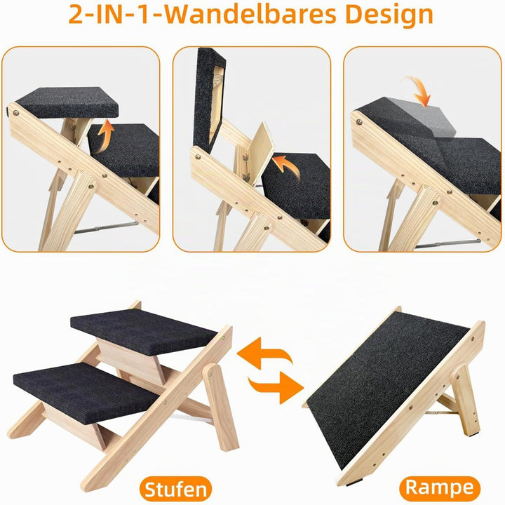 Haustierstufen, 2-in-1 Faltbare Hundetreppe aus Holz für Betten, Sofas und Autos, Hundetreppe und Ra