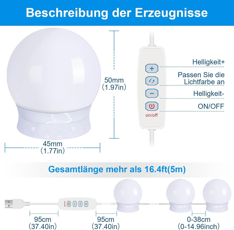 Led Spiegelleuchte, Schminklicht für Spiegel mit USB Kabel, 10 Dimmbar Make Up Licht Beauty Leuchte