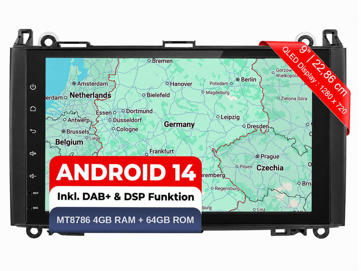 M.I.C. AB9-L3 Android 14 Autoradio mit Navigation: MT6769V,4GB+64GB,9 Zoll QLED,SIM,CarPlay&amp;Android