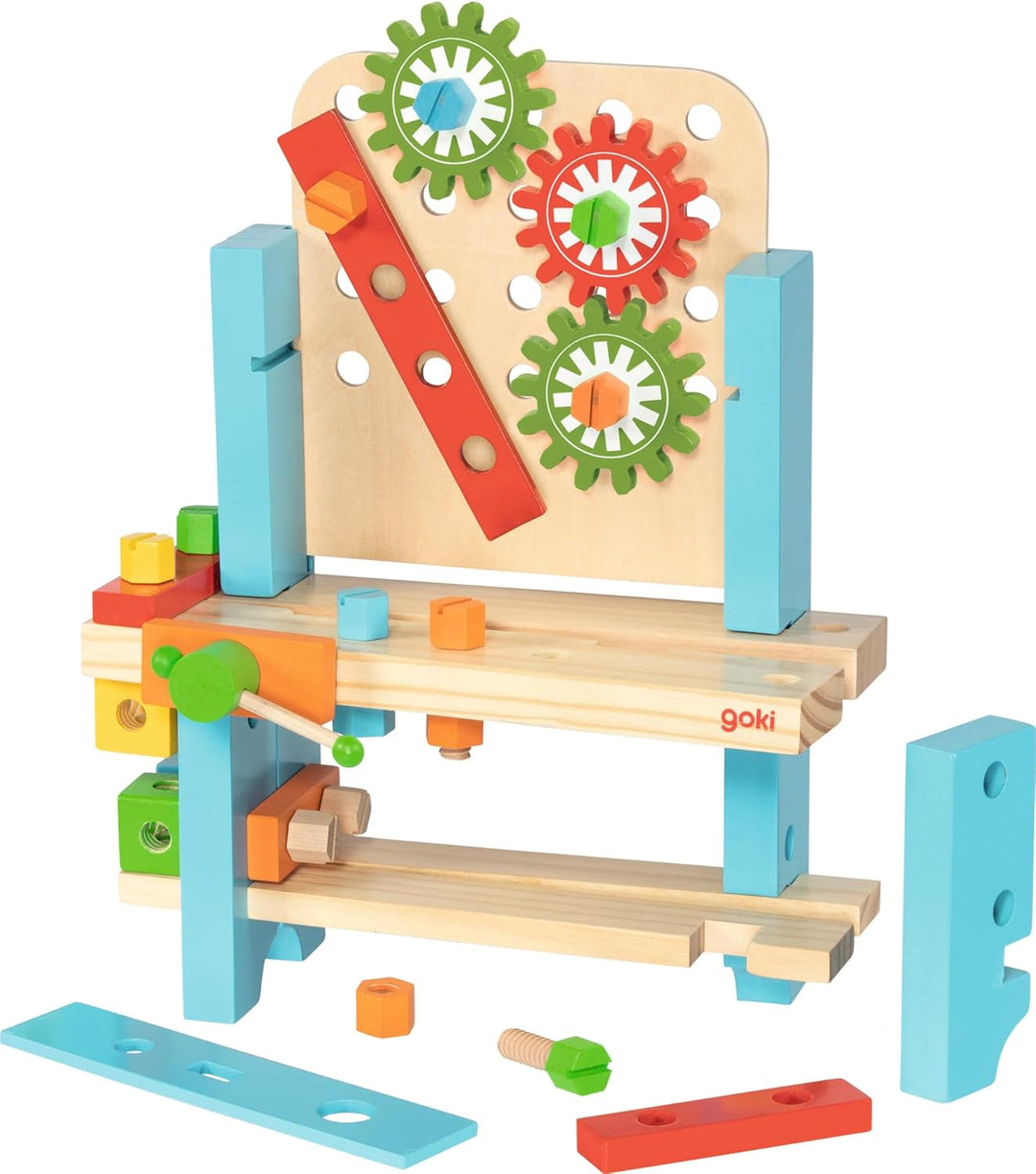 goki 58386 - Meine erste Werkbank aus Holz, Holzspielset für Heimwerker inkl. Hammer, Schrauben, Dre