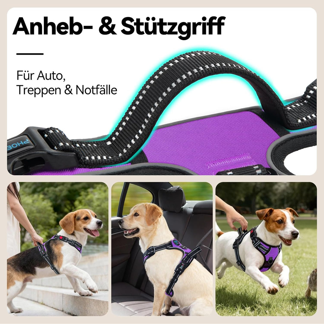 PHOEPET Hundegeschirr Grosse Hunde, Anti Zug, Einfach Anzulegen,Lila,XL | No Pull,Verstellbar, mit G