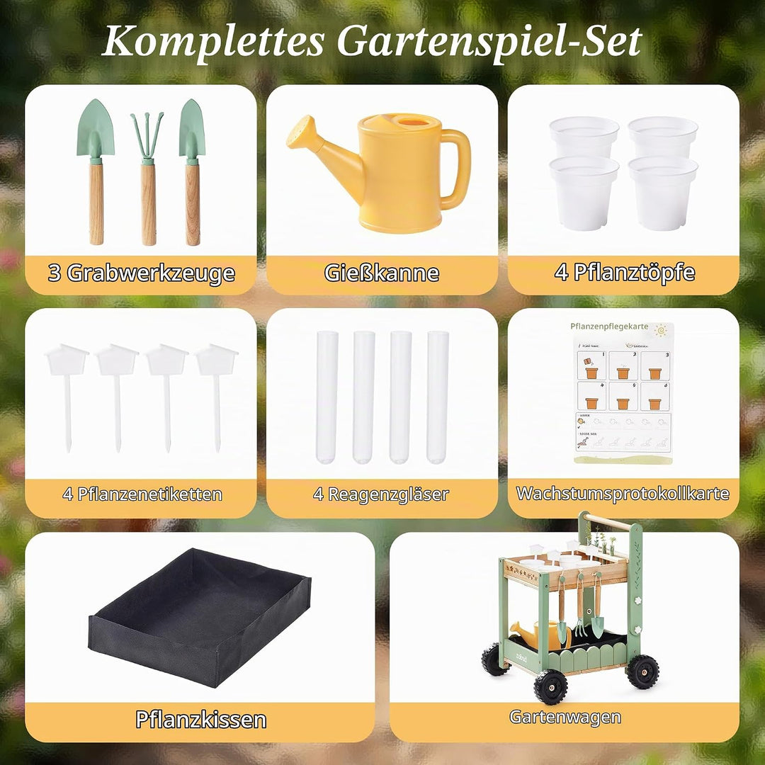 ROBUD Kinder Gartengeräte mit Holzwagen, Gartenwerkzeug mit Giesskanne, Schaufel, Handrechen, Pflanz