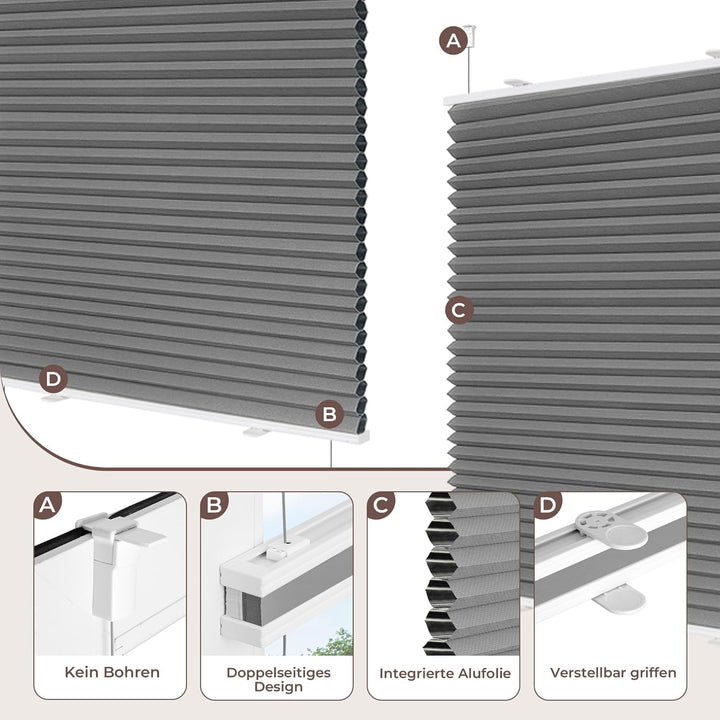 Allesin Wabenplissee ohne Bohren Verdunklung Thermo Doppelplissee Klemmfix Zweifarbig Grau-weiss 40x
