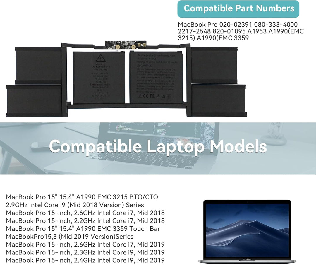A1953 Laptop Akku für Mac-Book Pro 15" 15.4 Zoll Touch Bar Retina A1990 Mid 2018 2019 EMC 3215 3359