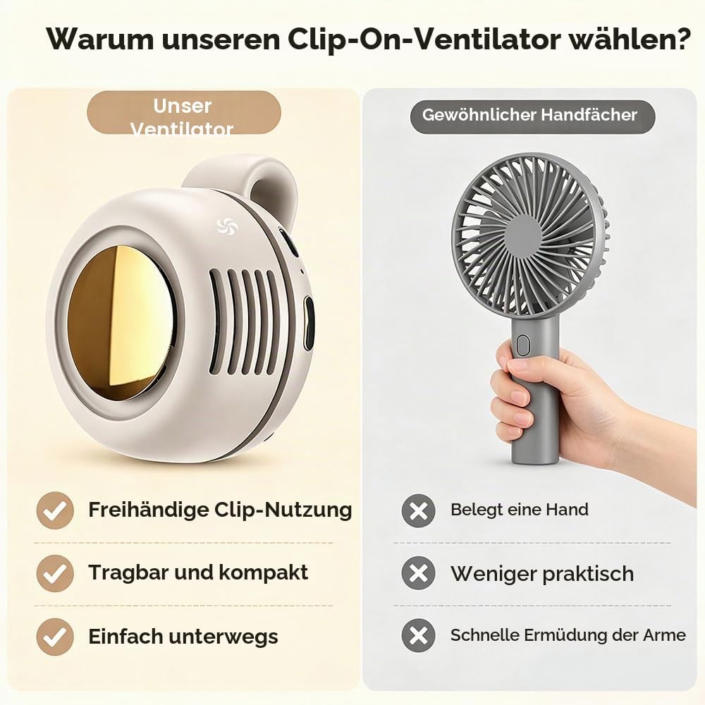 Tragbarer Clip Ventilator, Leiser Mini Ventilator ohne Flügel, mit 3 Geschwindigkeiten & 360° Drehba