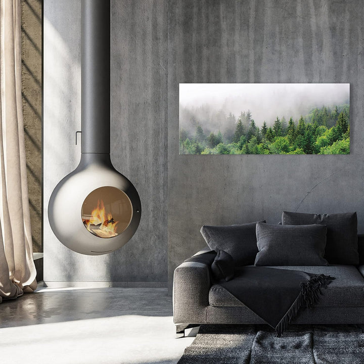 Glasbild Wald im Nebel Natur grün Landschaft 125x50 cm Modern Glasbilder Wohnzimmer Schlafzimmer Bad