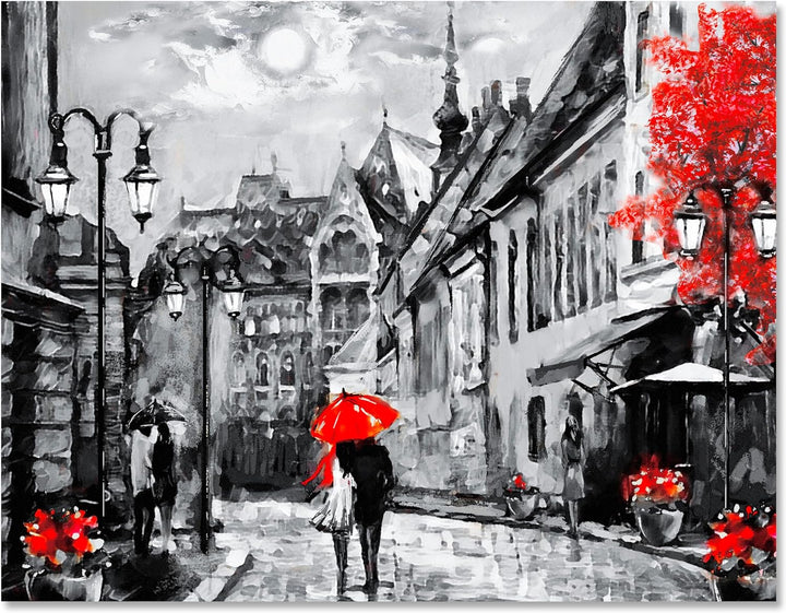 wandmotiv24 Leinwandbild Malerei, 60x45cm, Querformat, Paar, Stadt, Regenschirm, Deko, Bilder auf Le