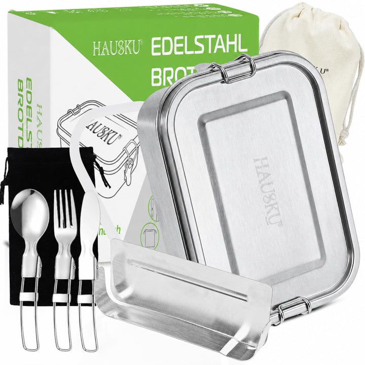 Brotdose Edelstahl mit Fächern 1400 ml - Lunchbox mit Bewegliche Trennwand und Besteck, Auslaufsiche