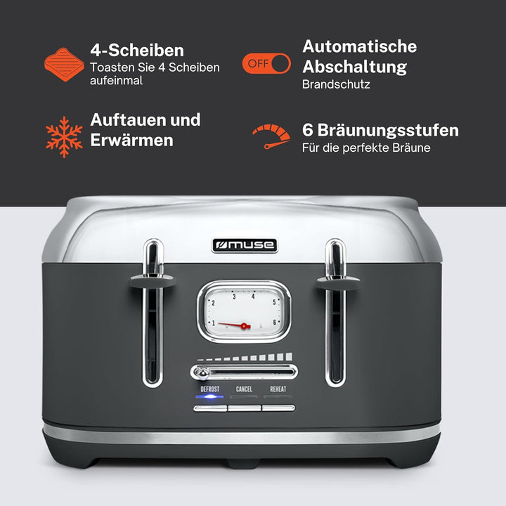 Muse Edelstahl-Toaster im grauen Retro Design, analoge Anzeige, beleuchtete Tasten, 6 Bräunungsstufe