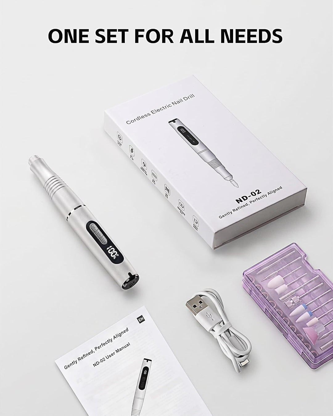 ND02 Wireless Electric Nail Cutter, 6 Speed Electric Nail File with 12 Drill Bits, Manicure Pedicure