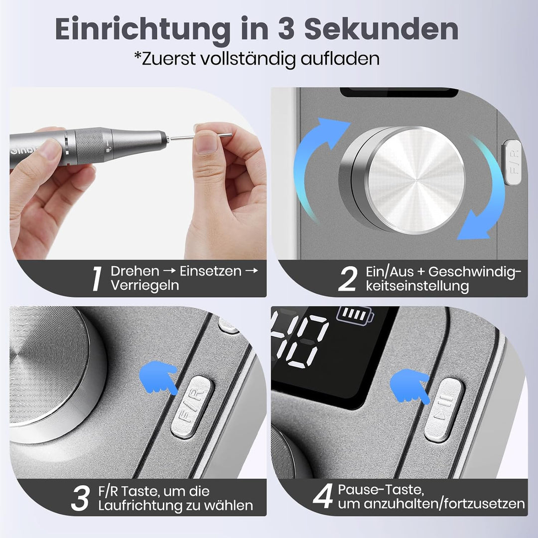 Delanie elektrischer Nagelfräser 40000 U/min für Gelnägel Acrylnägel, Grau, Grau