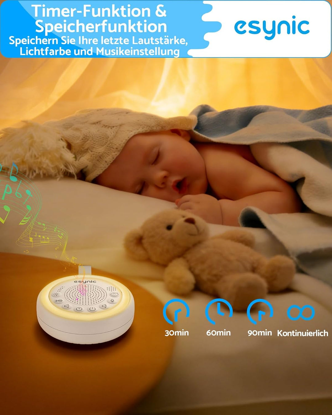 eSynic White Noise Machine für Baby Einschlafhilfen Kinder Weisses Rauschen Machine 24 Sound Weinen-