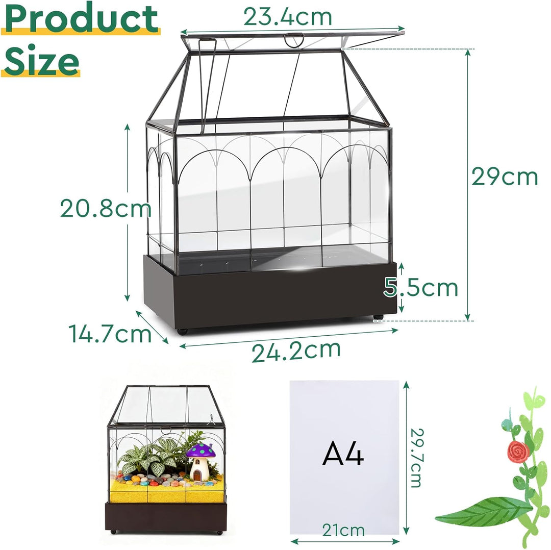 Mini Gewächshaus Fensterbank Glas mit Auffangschale 24,2 x 14,7 x 29 cm Pflanzenterrarium Klein Flas