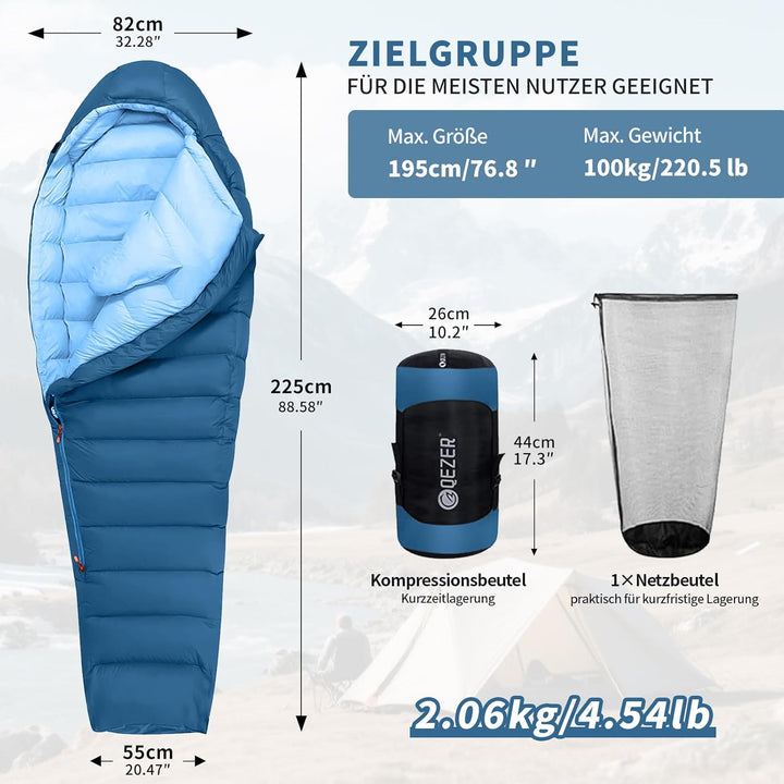 Daunenschlafsack, Winterschlafsack, gefüllt mit 650er Entendaunen. RDS-Zertifiziert. Geeignet für Te
