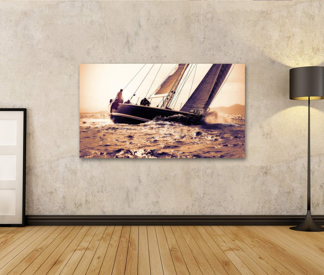 islandburner Bild auf Leinwand Segelboot Segeln Sonnenuntergang Bilder Wandbilder Poster, 80L x 40B