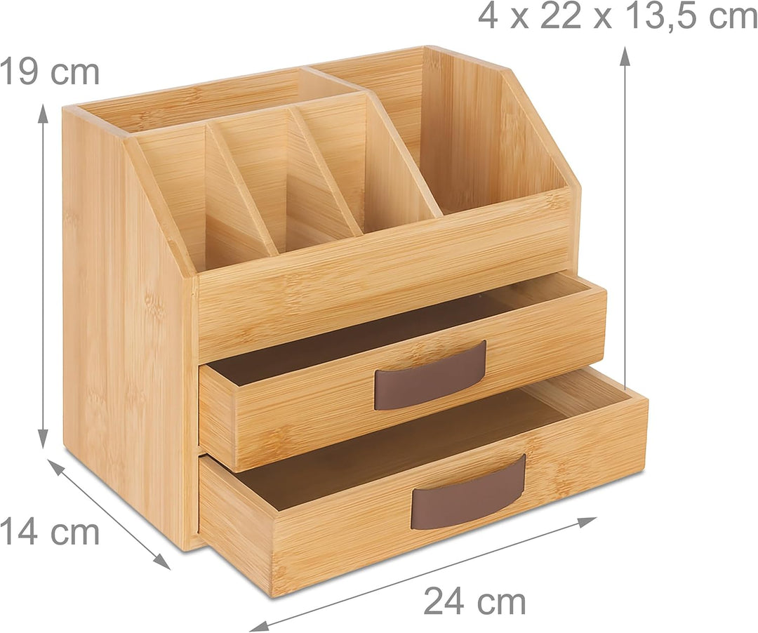 Relaxdays Schreibtisch Organizer, Schubladen & Fächer, HxBxT: 19 x 24 x 14cm, Bambus & PU, Büroaufbe