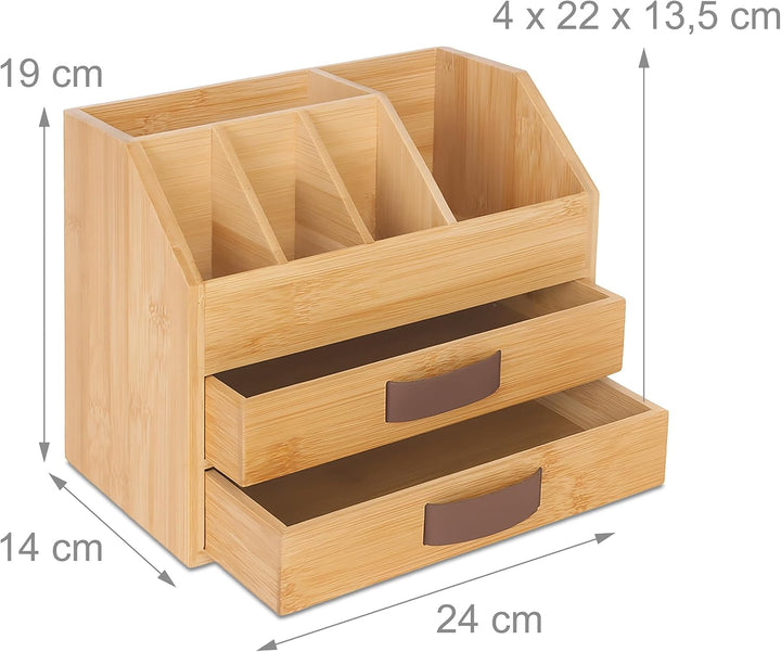 Relaxdays Schreibtisch Organizer, Schubladen & Fächer, HxBxT: 19 x 24 x 14cm, Bambus & PU, Büroaufbe