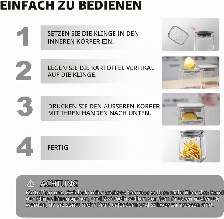 4-in-1 Pommesschneider Kartoffelschneider mit 4 Edelstahlklingen, Mehrzweck Gemüseschneider für Kart