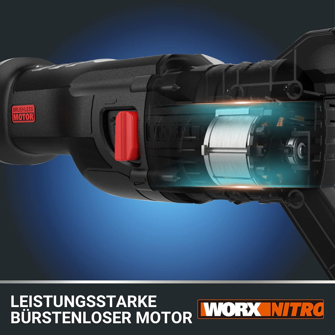 WORX WX516 Akku Säbelsäge 20V, bürstenloser Motor, mit 4000 mAh PowerShare Akku und Ladegerät, Schne