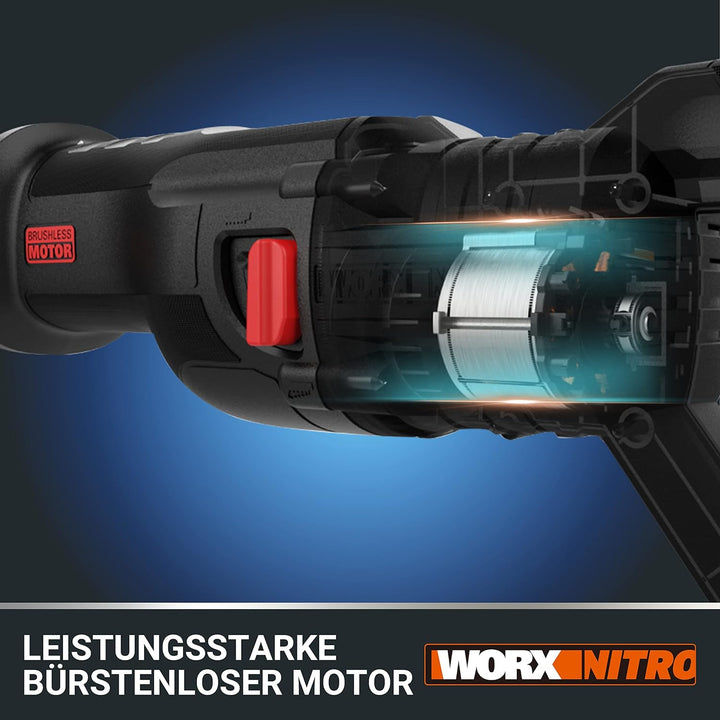 WORX WX516 Akku Säbelsäge 20V, bürstenloser Motor, mit 4000 mAh PowerShare Akku und Ladegerät, Schne