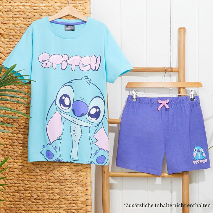 Disney Stitch Schlafanzug Mädchen Kurz, Pyjama T-Shirt &amp; Shorts - Stitch Sachen 6-7 Jahre Blau/Lila