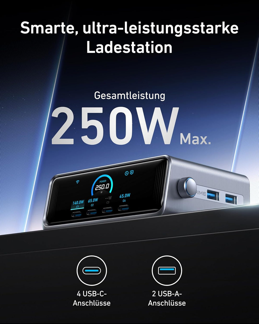 Anker Prime 250W USB-C Ladegerät, Ultra-schnelle 6-Port GaN Ladestation, 2,26" LCD-Display und Smart