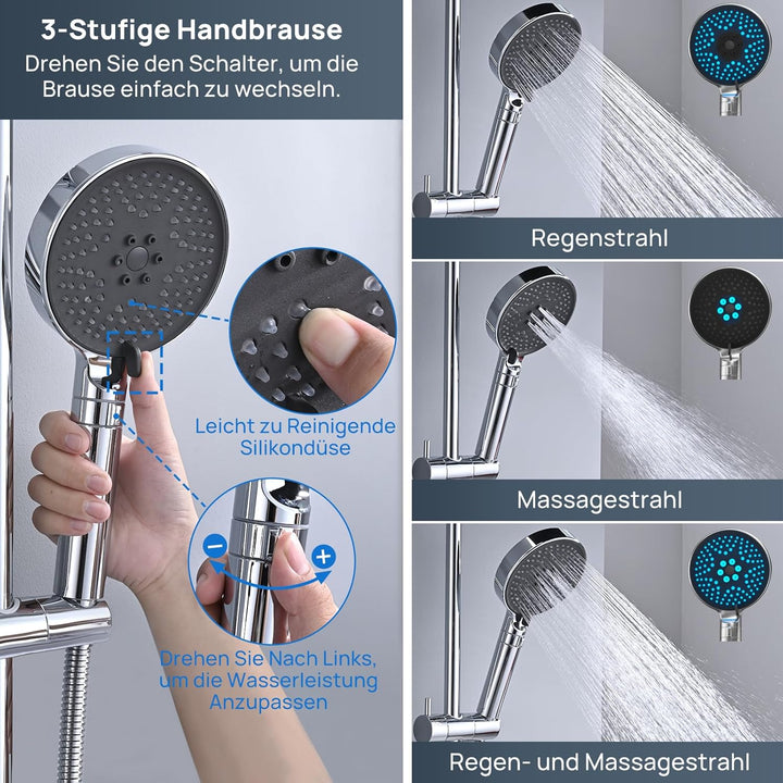 DETBOM Duschstange Edelstahl mit Handbrause 90cm, 3 Strahlarten Duschsystem, 360°Drehbar Duschkopfha