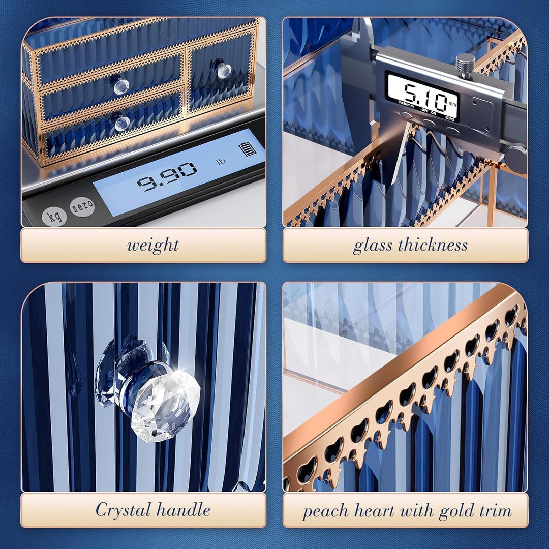 Youdepot Kosmetik Organizer Blau aus gehärtetem Glas, Make-up Organizer für Schminktisch, Skincare,