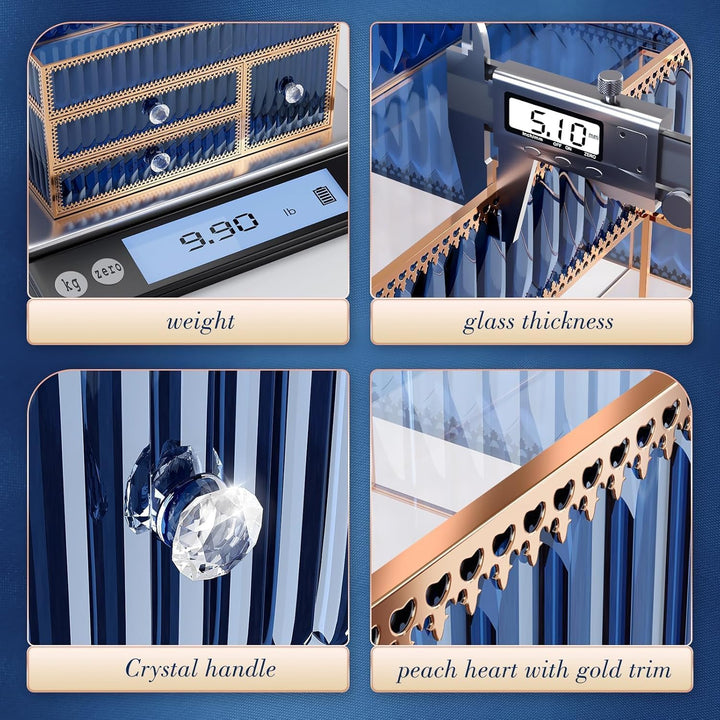Youdepot Kosmetik Organizer Blau aus gehärtetem Glas, Make-up Organizer für Schminktisch, Skincare,
