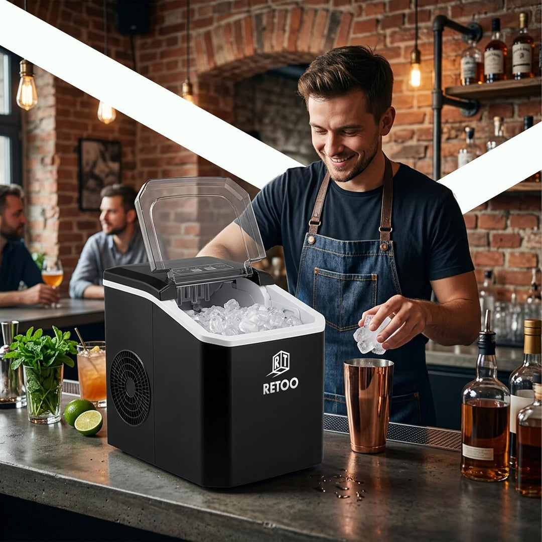 Retoo Eiswürfelmaschine 12 kg/24h, 9 Eiswürfel/6–12 Min | Selbstreinigung, 1,5 l , 2 Eisgrössen, Dis