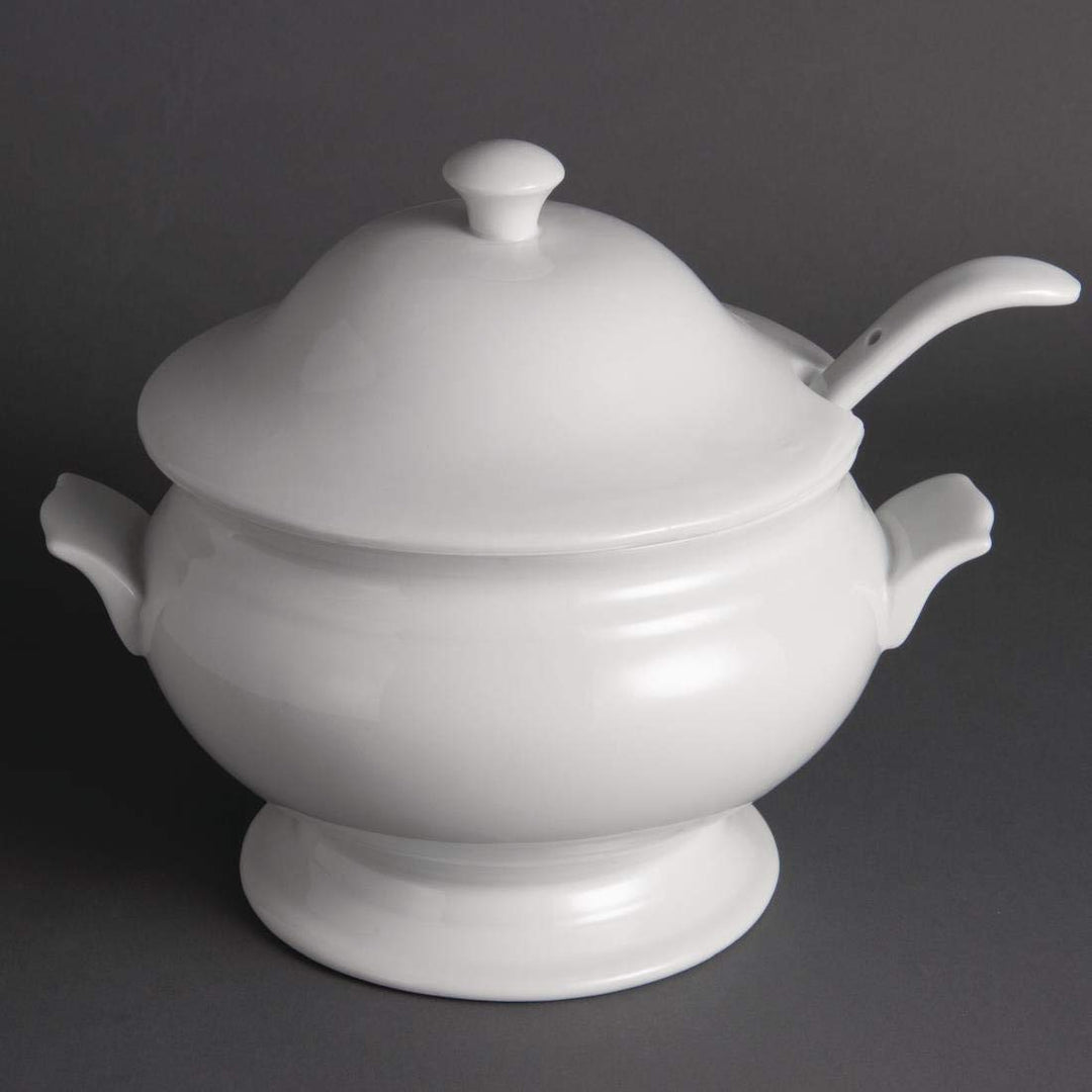 Olympia Whiteware Suppenterrine und Schöpfkelle, 2,5 Liter, weisses Porzellan, Grösse: 227 x 250 mm,