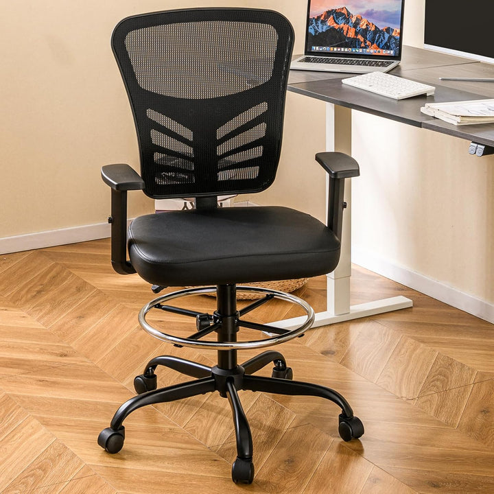 COSTWAY Arbeitsstuhl, Bürostuhl mit verstellbaren Armlehnen und Fussstütze, Sitzhöhe 54-75 cm, Hoher