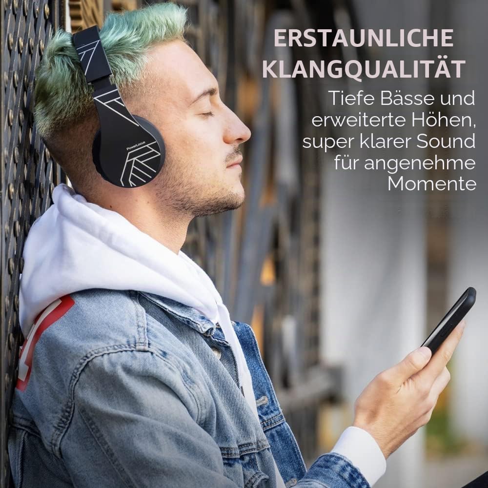 PowerLocus Kabellose Kopfhörer Over Ear, Kopfhörer Bluetooth mit Mikrofon, Faltbar, weiche Ohrpolste