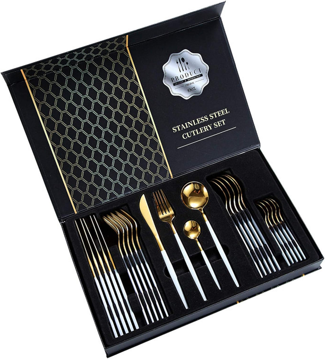 rismart Edelstahl 24 Teile Besteck Set Silberbesteck mit Messer, Kaffee Suppe Teelöffel, Gabeln Gold