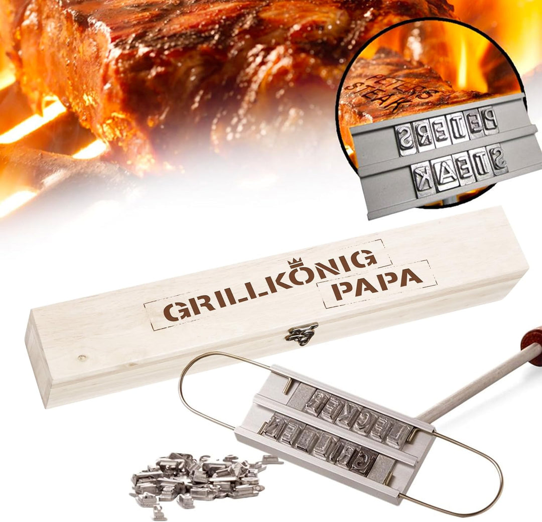 BBQ Brandeisen mit wechselbaren Buchstaben als Set mit Edler Holzbox mit Gravur, Grillkönig Papa, Br