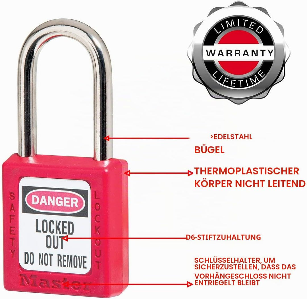 Master Lock 410RED Thermoplastisches Sicherheitsvorhängeschloss für Mechanische Verriegelungen, Rot,