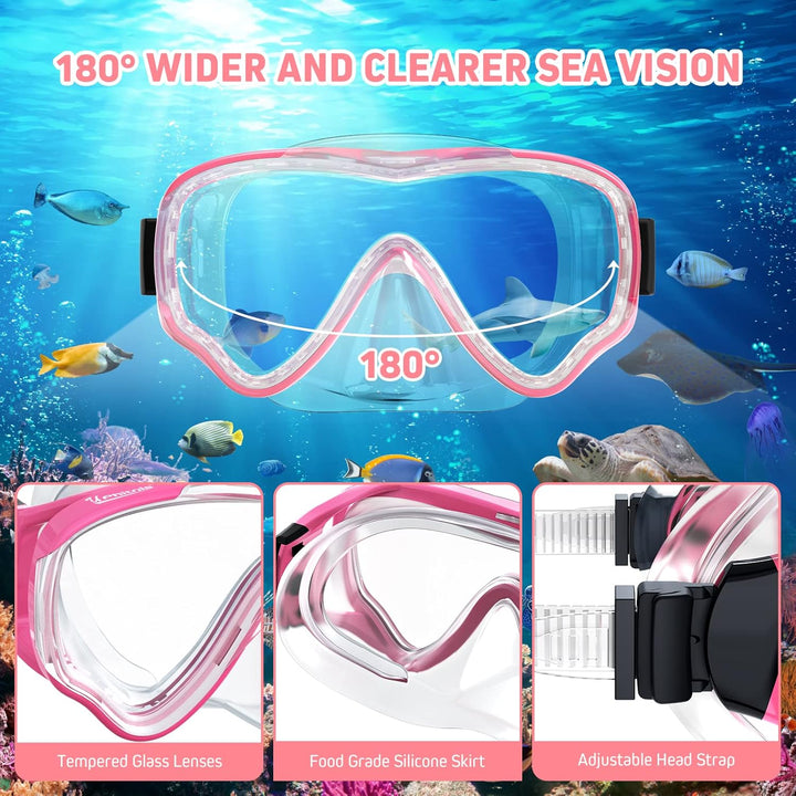 Schnorchelset Kinder mit Flossen,Anti-Fog 180°Panorama Taucherbrille Kinder, Verstellbaren Schwimmfl