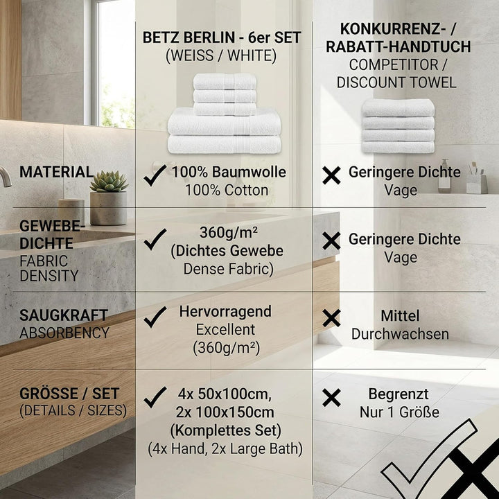 Betz Berlin 6er Set 2X Maxi Duschtuch 100 x 150 cm 4X Handtuch 50 x 100 cm 100% Baumwolle Farbe weis