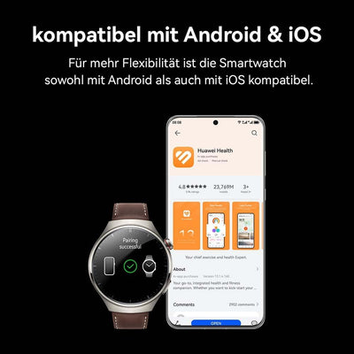 HUAWEI Watch 4, 3D-gewölbtes Glas- und Edelstahlgehäuse, 1,5" LTPO-AMOLED-Farbdisplay, schwarzes Flu