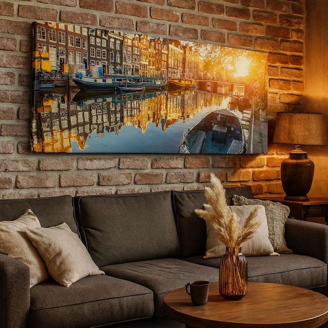 Wandbilder Dekoration Wohnzimmer Kanal Boot Amsterdam Wasser Panorama Bilder auf Leinwand 120x50cm L