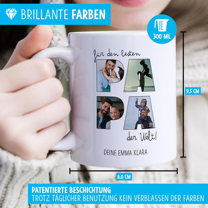 OWLBOOK® Tasse Bester Papa mit 4 Fotos & Spruch selbst gestalten | Fototasse mit eigenem Bild & Text