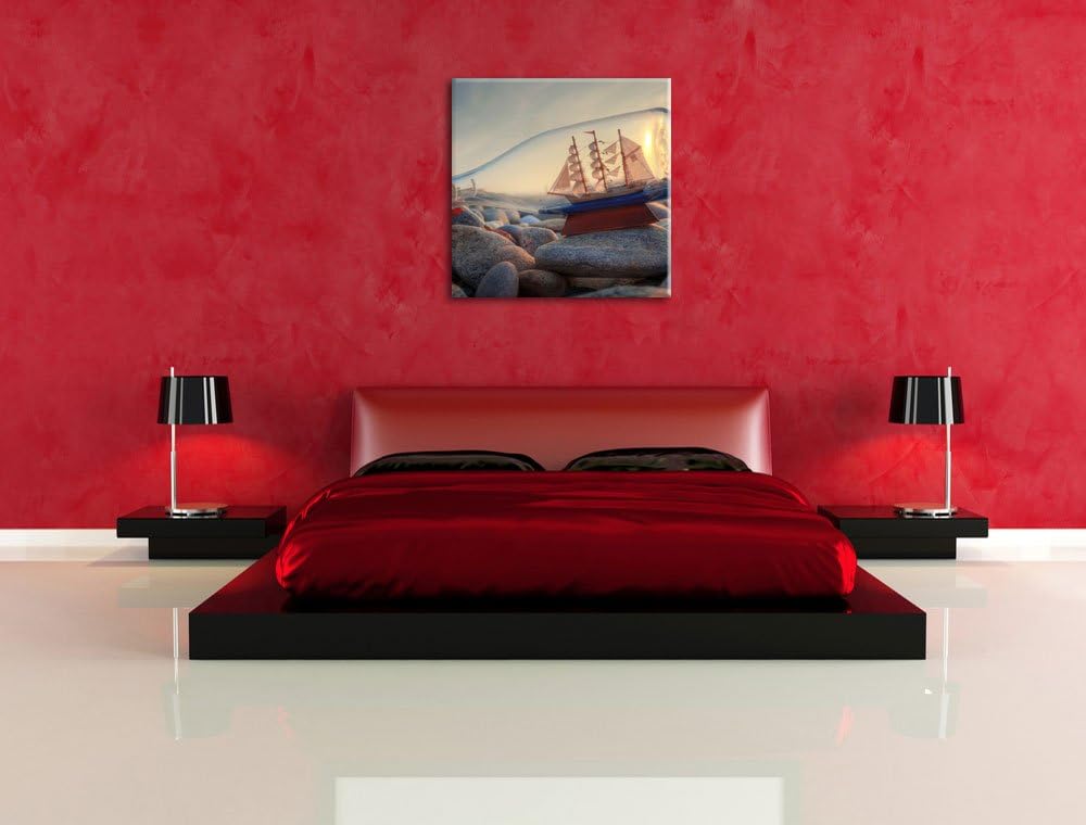 Flasche mit Schiff, Format: 70x70 auf Leinwand, XXL riesige Bilder fertig gerahmt mit Keilrahmen, Ku