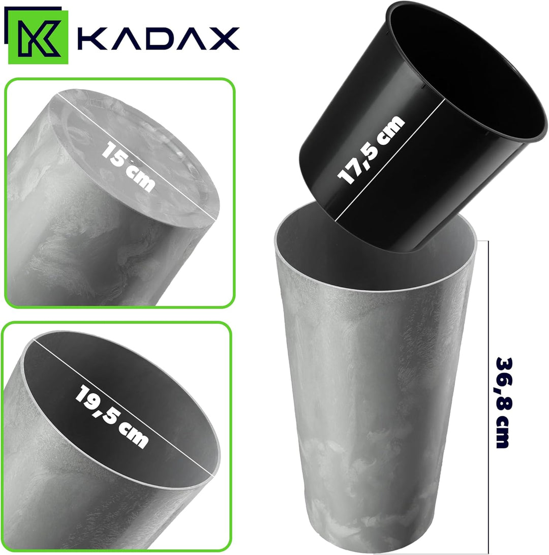 KADAX Pflanzkübel mit Innentopf Grau Ø 19.5 cm, Höhe 36.8 cm – Moderner Pflanztopf mit Einsatz, Blum