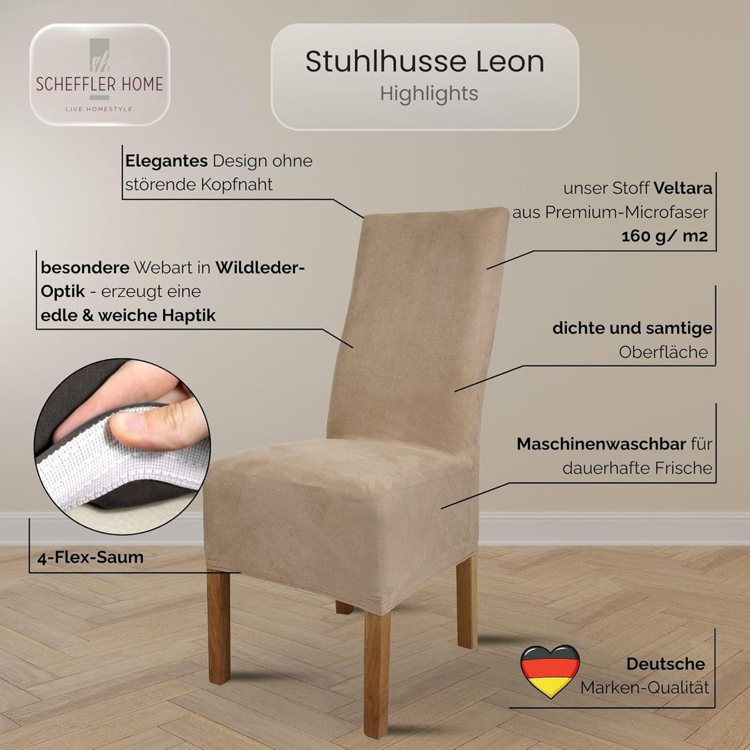 SCHEFFLER-Home Stuhlhussen 4er Set Leon Taupe/elastische Wildleder Hussen für Stühle/Robustes Freisc
