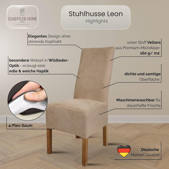 SCHEFFLER-Home Stuhlhussen 4er Set Leon Taupe/elastische Wildleder Hussen für Stühle/Robustes Freisc